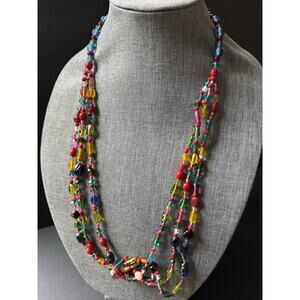 Vtg Handcrafted Multi Strand Glass Bead Art Necklace Boho Beaded Colorful 3l”